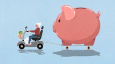 Illustration of a senior woman in an electric scooter pulling a large piggy bank on a skateboard behind her