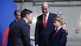 Benoit Payan, Mayor of Marseille greets Prince George and William, Prince of Wales and Patron of the Welsh Rugby Union (WRU) prior to the Rugby World Cup France 2023 Quarter Final match