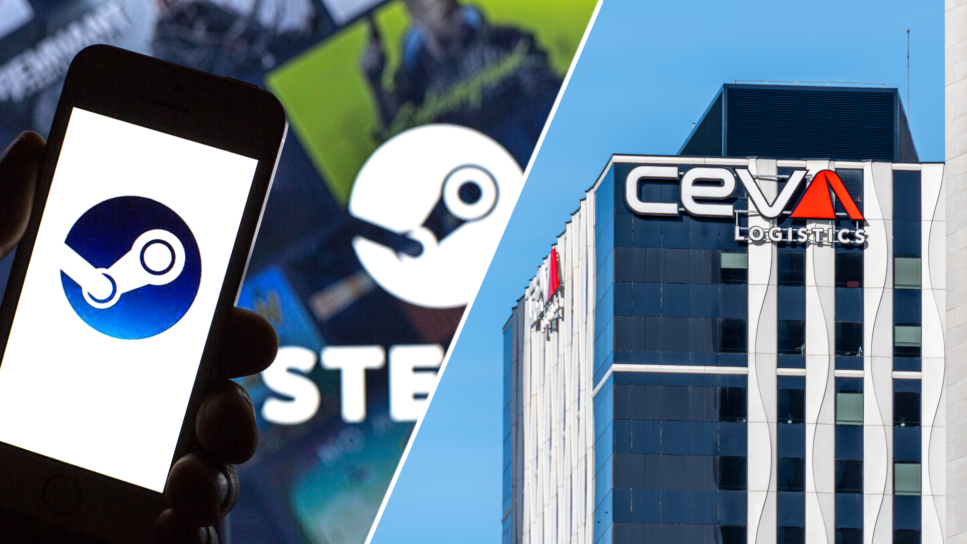 A Steam logo seen displayed on a smartphone and in the background; Distant view of the headquarters of Ceva Logistics Europe, formerly Gefco, a French international industrial logistics company