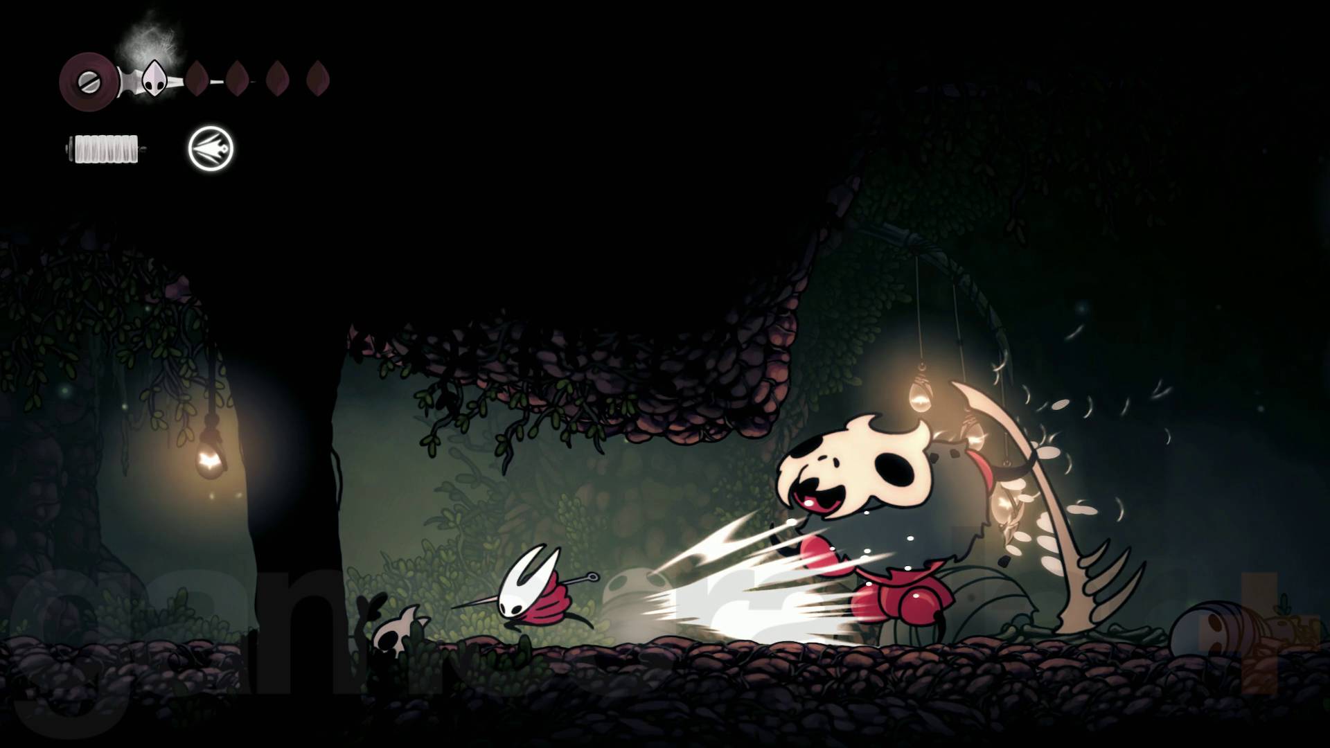 Hollow Knight Silksong Hornet dahsing away from Skarrgard red ant skull boss attack