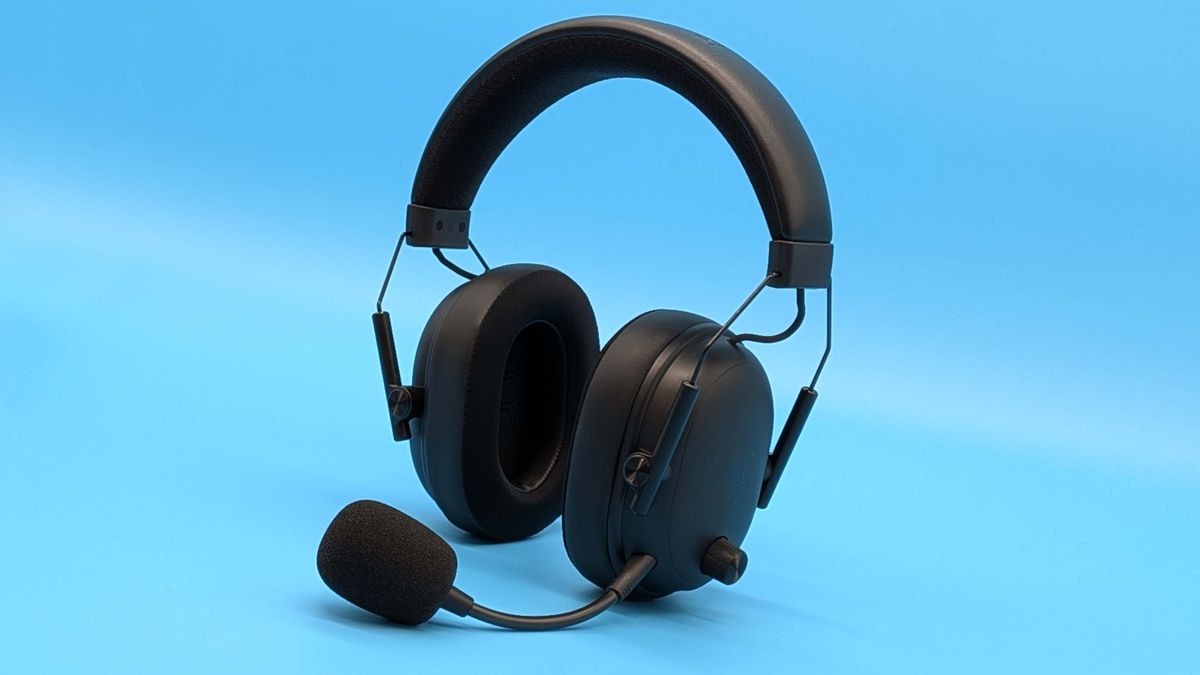 Razer BlackShark V3 gaming headset on a blue blackground