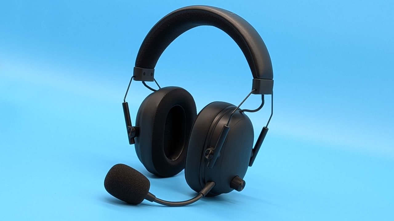 Razer BlackShark V3 gaming headset on a blue blackground