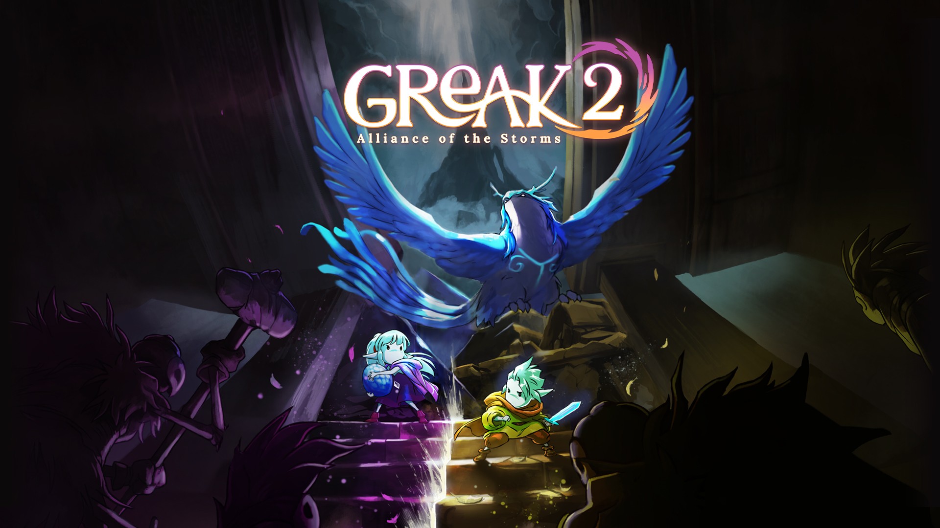 The key art of Greak 2 featuring Greak, Adara, and a Storm Eagle.
