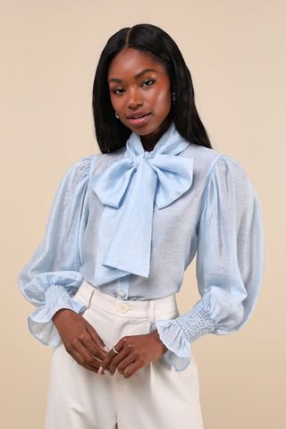 Wind River Light Blue Poet Sleeve Bow Collar Button-Up Top