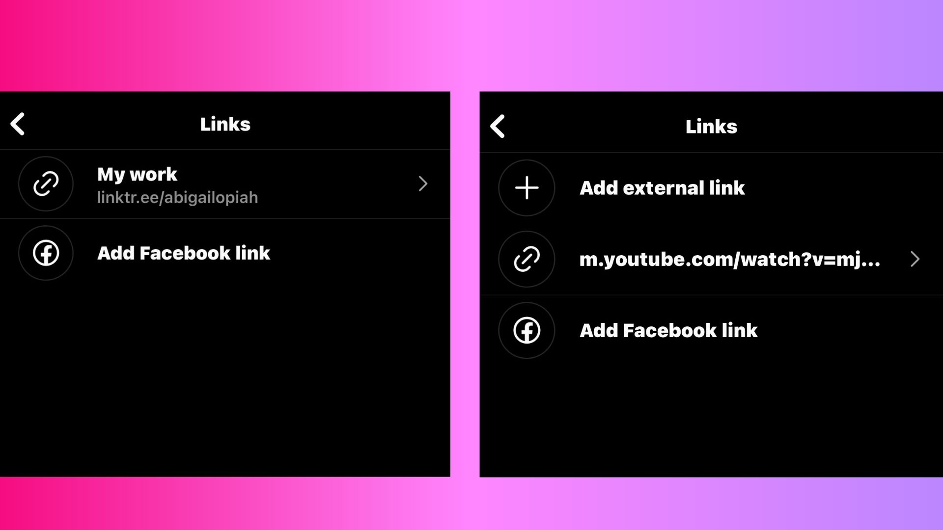 Left: Screenshot of the linking section of my Instagram profile that has no option to add external links. Right: A screenshot of my profile giving me the option to add external links with a YouTube link as my first link