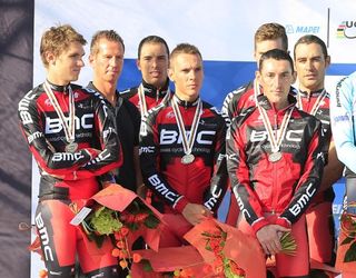 BMC on the podium: Tejay van Garderen, Alessandro Ballan, Philippe Gilbert, Taylor Phinney, Marco Pinotti and Manuel Quinziato