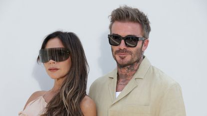 david and victoria beckahm wearing sunglasses on a white background