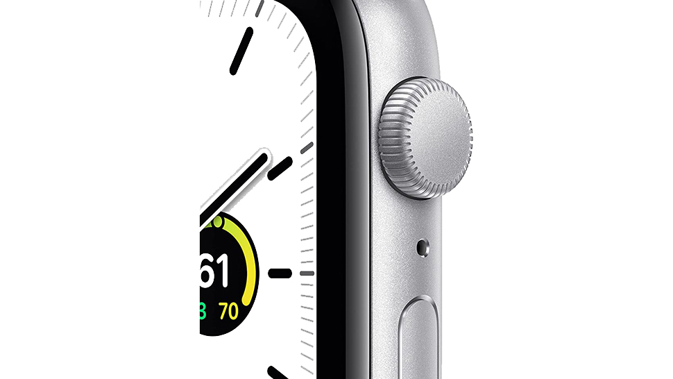 A detail shot of an Apple Watch SE.