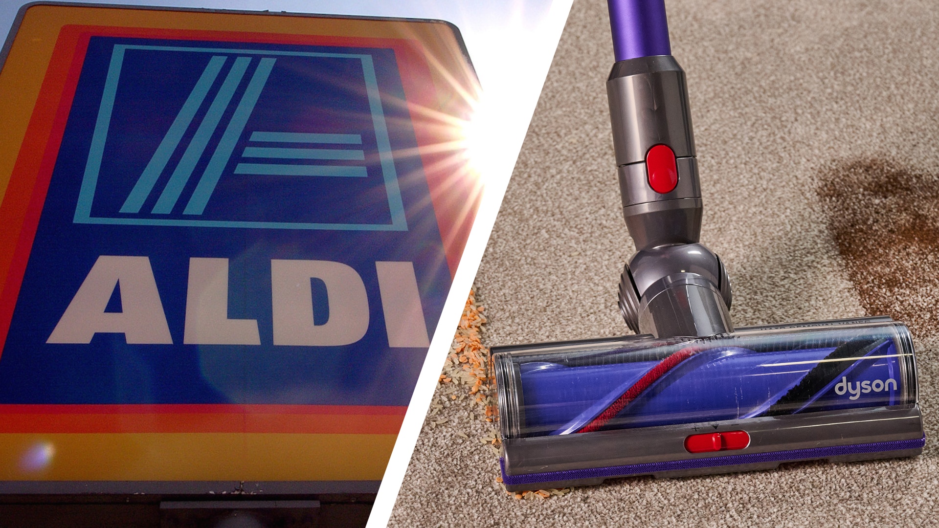 An Aldi store sign next to a Dyson vacuum cleaning debris 
