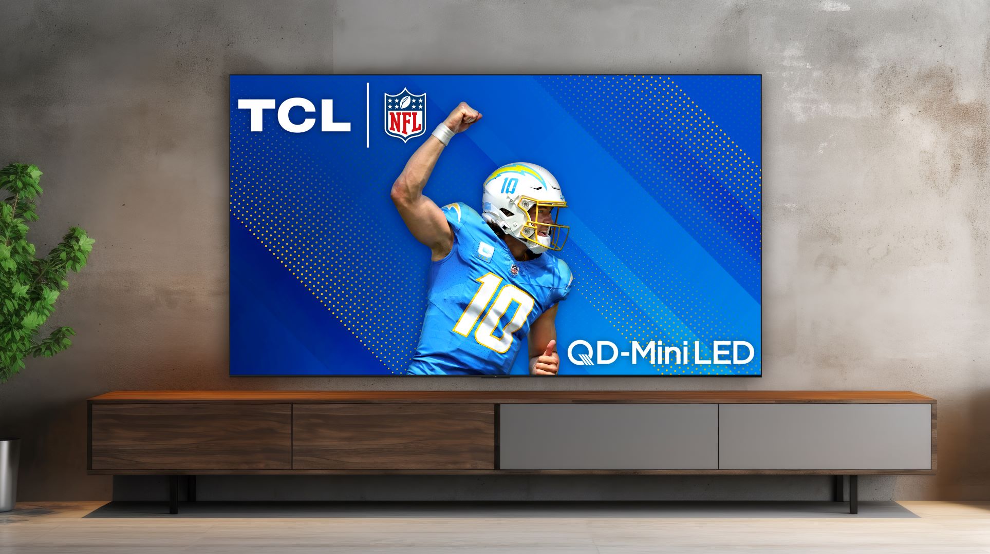 TCL QM89 in living room environment showing football