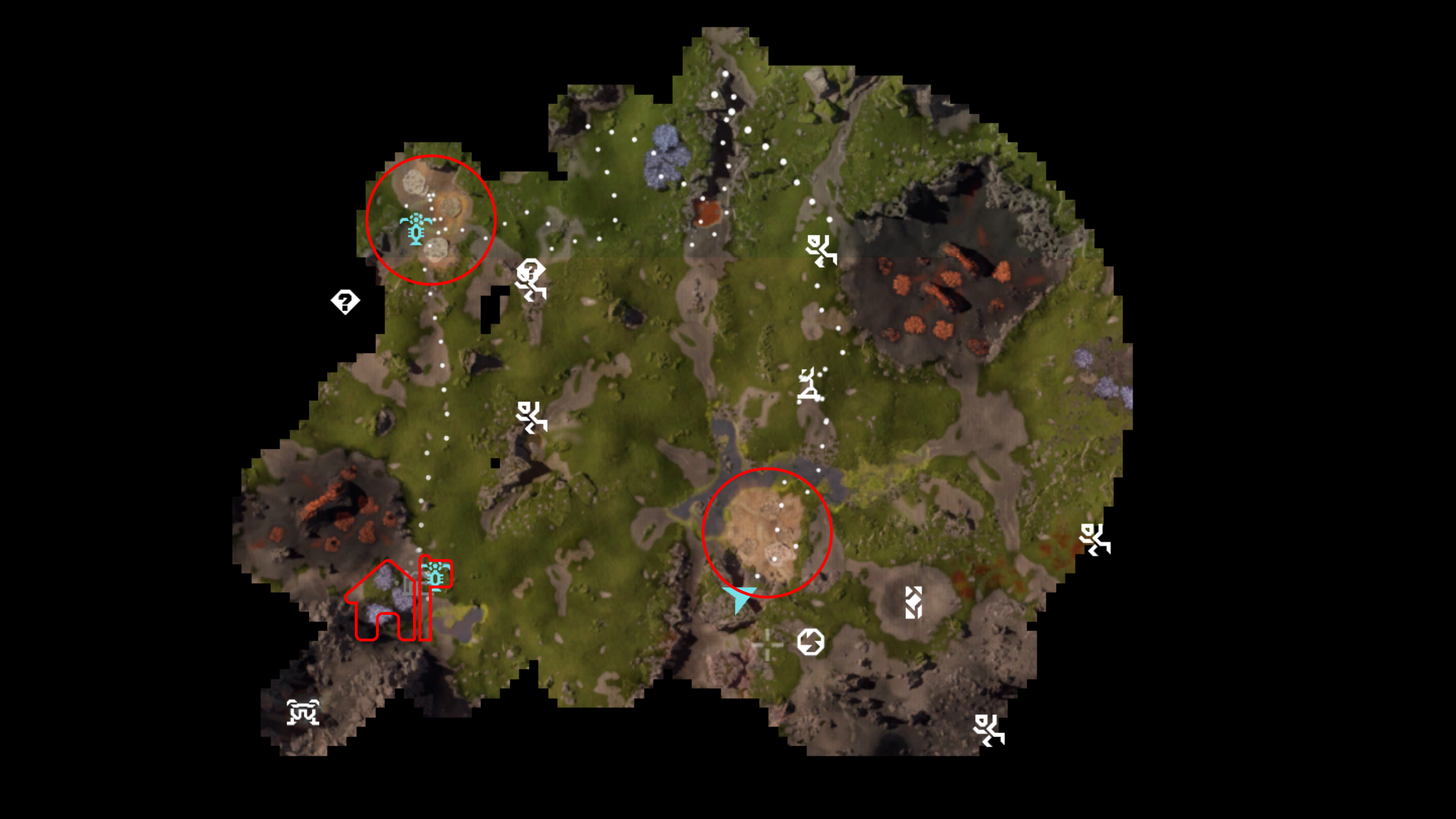 StarRupture Calcium Ore: A map with two red circles highlighting the locations of Calcium Ore deposits near your lander home base.