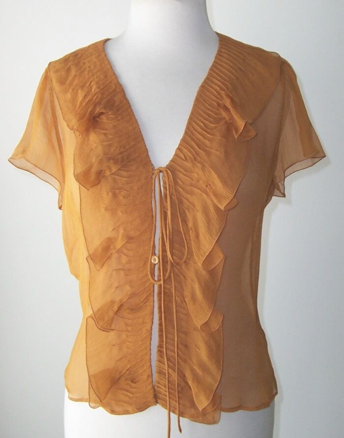 Prada Copper Sheer Silk Ruffle Tie Blouse Shirt Top 44 8