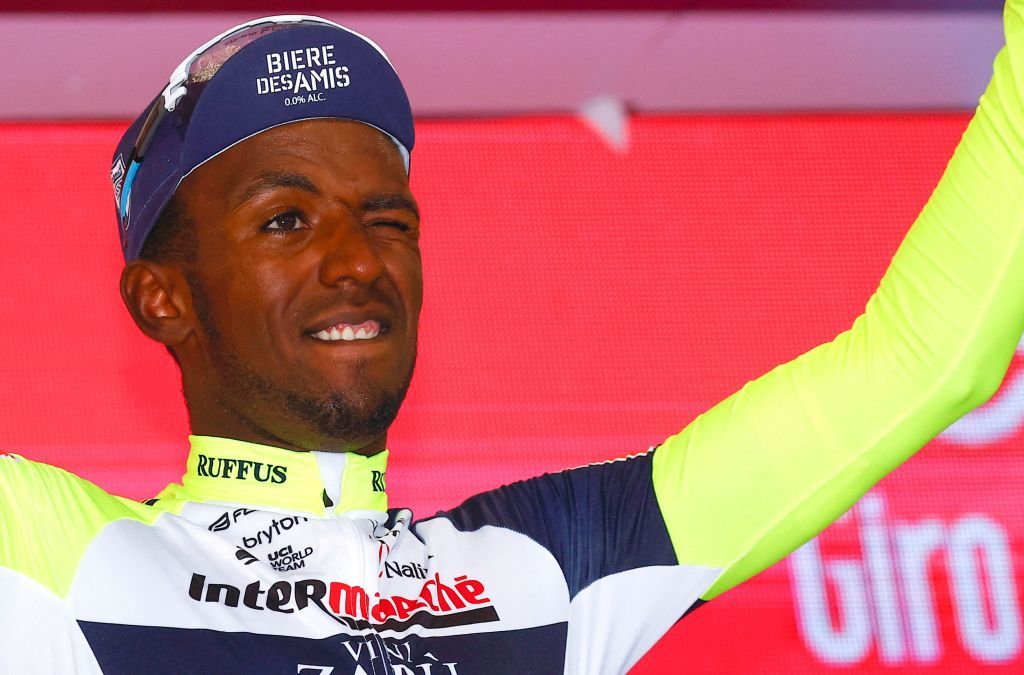 Team Wanty Eritrean rider Biniam Girmay celebrates on the podium after winning the 10th stage of the Giro d&#039;Italia 2022