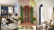 blue living room, green and terracotta door, white entryway