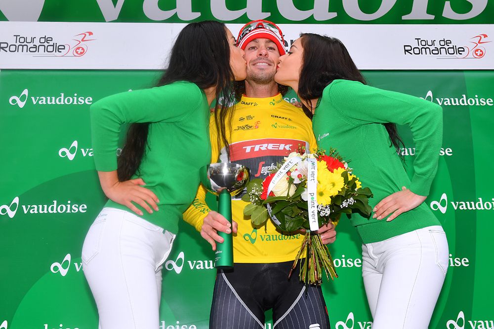 Fabio Felline (Trek-Segafredo) in the leader's jersey after stage 1 at Tour de Romandie