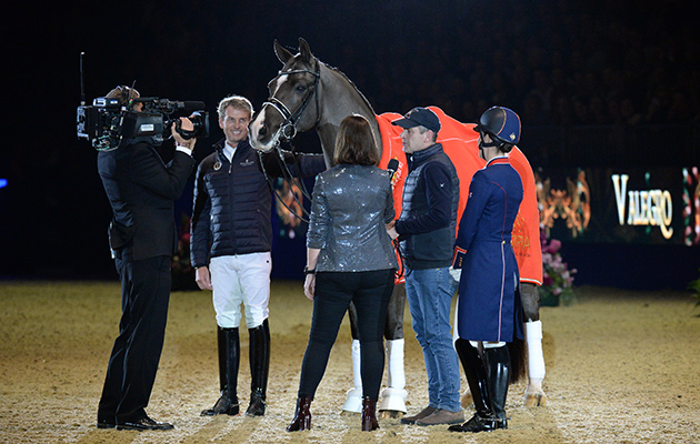 Valegro’s connections are interviewed on camera in the middle of Olympia’s Grand Hall