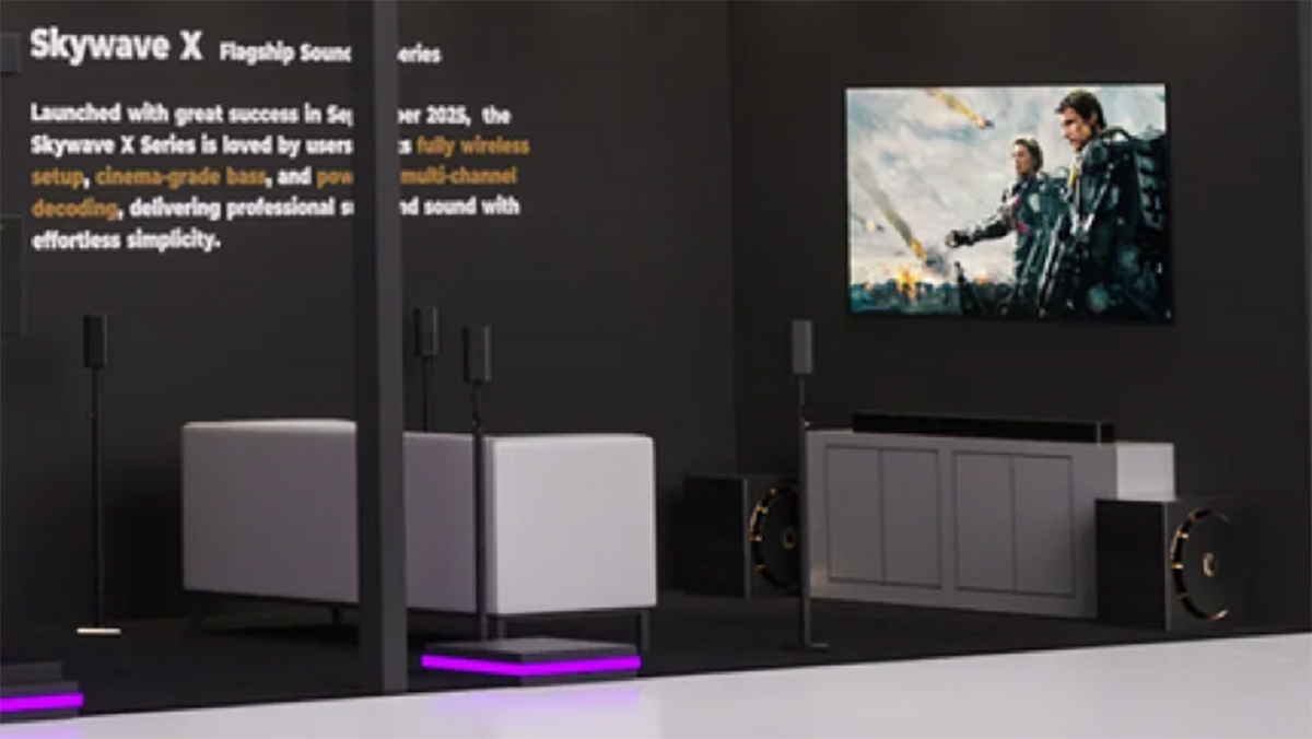 The Ultimea Skywave X100 Dual setup in a recreated living room, in a booth suitable for a show like CES