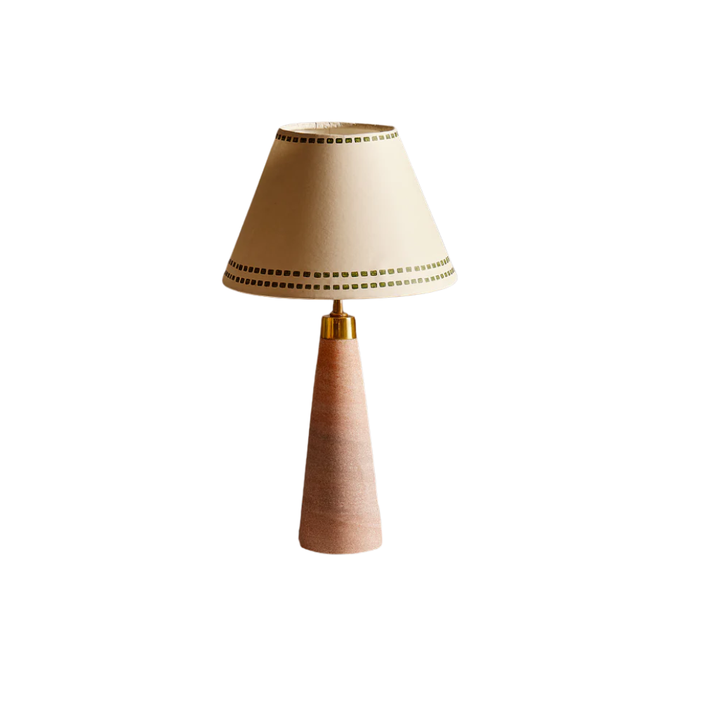 table lamp with beige shade with green stitching-style detail and rose base