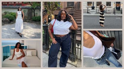 a collage of editor outfits featuring our team&#039;s favorite new fashion items we bought in August