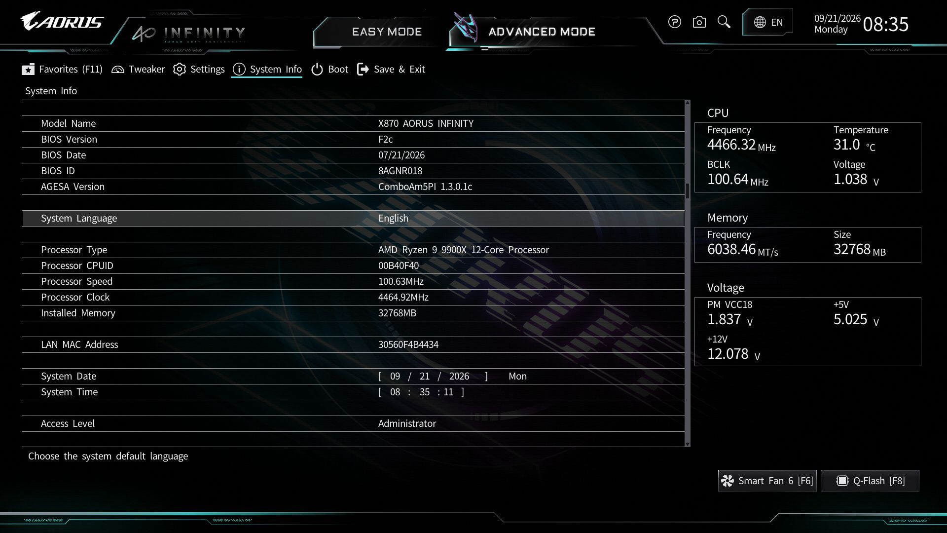 Gigabyte X870 Aorus Infinity - BIOS images