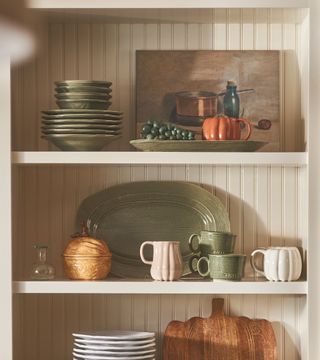 A kitchen with pumpkin-shaped mugs, a water jug and plates