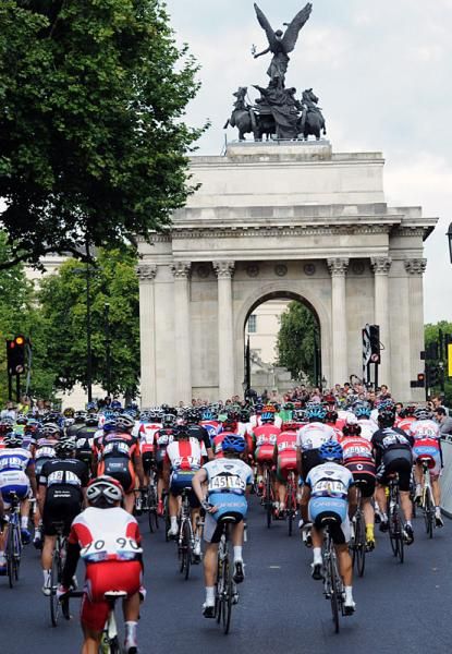 The peloton in action during the London-Surrey Cycle Classic.