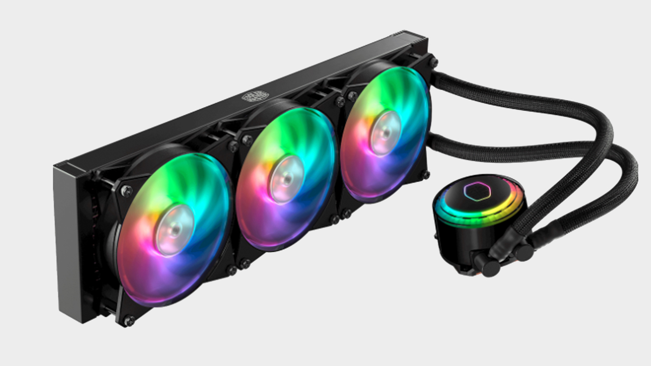 Cooler Master MasterLiquid ML360R CPU cooler with RGB LEDs on a grey background