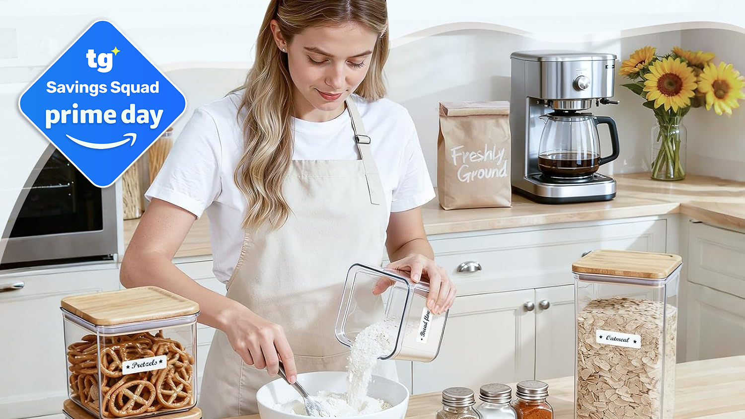 Woman using baking ingredients in labeled containers