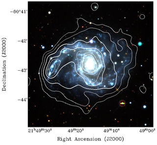 The Galaxy NGC 7125 with EMU radio data (contours) overlaid on an optical image (coloured_ from the Dark Energy Survey.