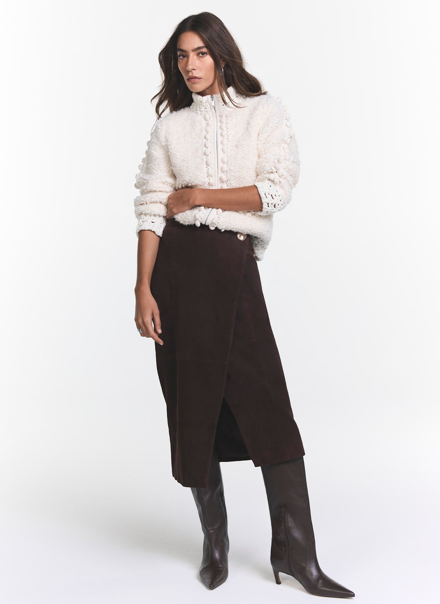 Brown Suede Wrap Midi Skirt
