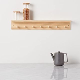 Haus Projekt Pine Shelf With 7 Pegs, Wooden Floating Shelves, Wall Mounted Coat Hooks for Hallway, Rack Stand, Bathroom Storage, Kitchen, Bedroom Clothes Hanger, Key Holder, 72cm X 11.5 X 11.5