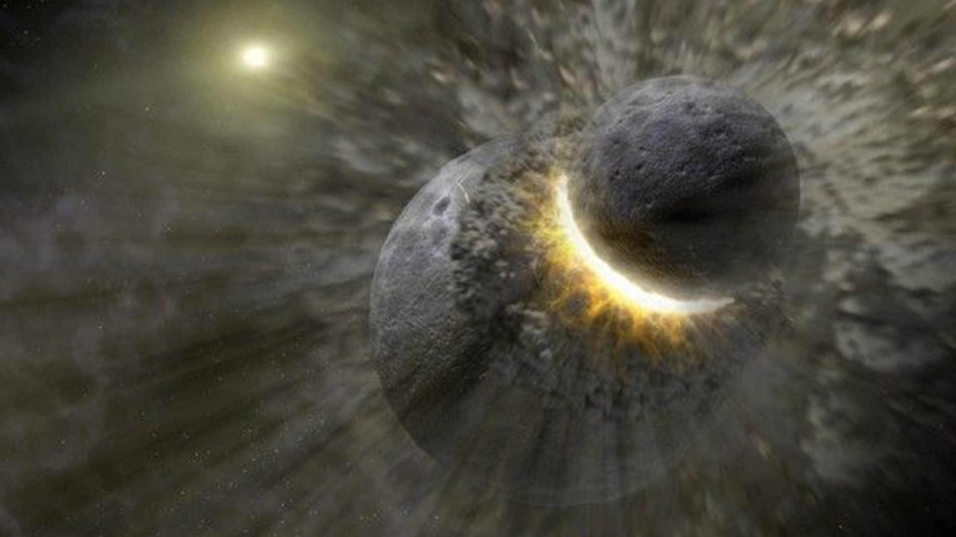 An illustration of a large gray planet slamming into another gray planet in space, with waves of energy spread out from the impact