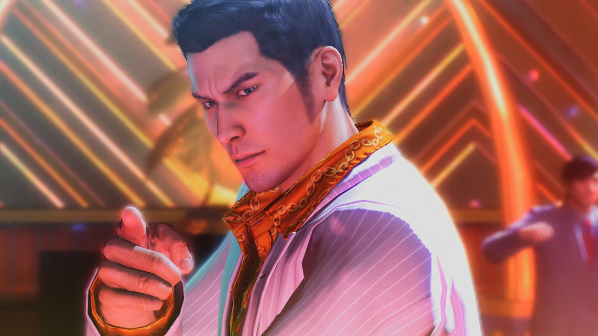 A close-up of Kazuma Kiryu pointing his finger on the dance floor during a mini-game in the RPG Yakuza 0