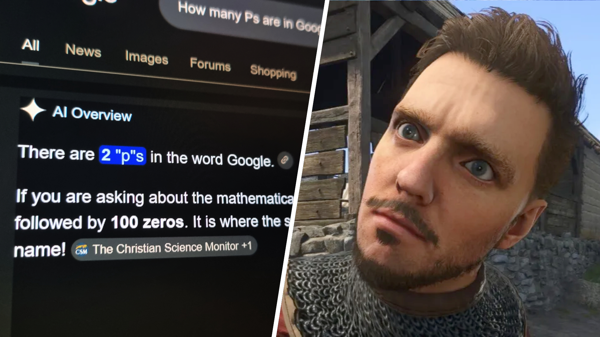 A split image of Google's AI Overview results and Henry from Kingdom Come Deliverance 2