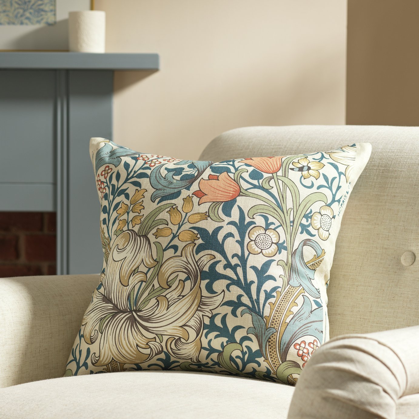 Habitat X Morris & Co. Golden Lily Cushion - Blue - 50x50cm
