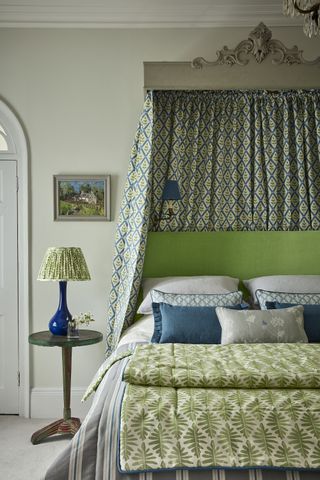 bedroom with cornet and Vanessa Arbuthnott fabric