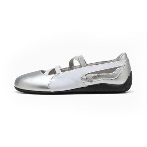 Women's Ballet Flats Suede Ballerina Sneakers for Women Casual Sneakers Ballet With Elastic for Comfortable Outgoing Work Size 8.5 Silver
