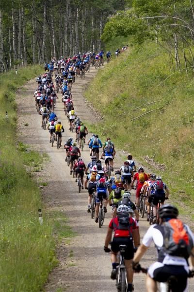 The long line of riders head out for the day