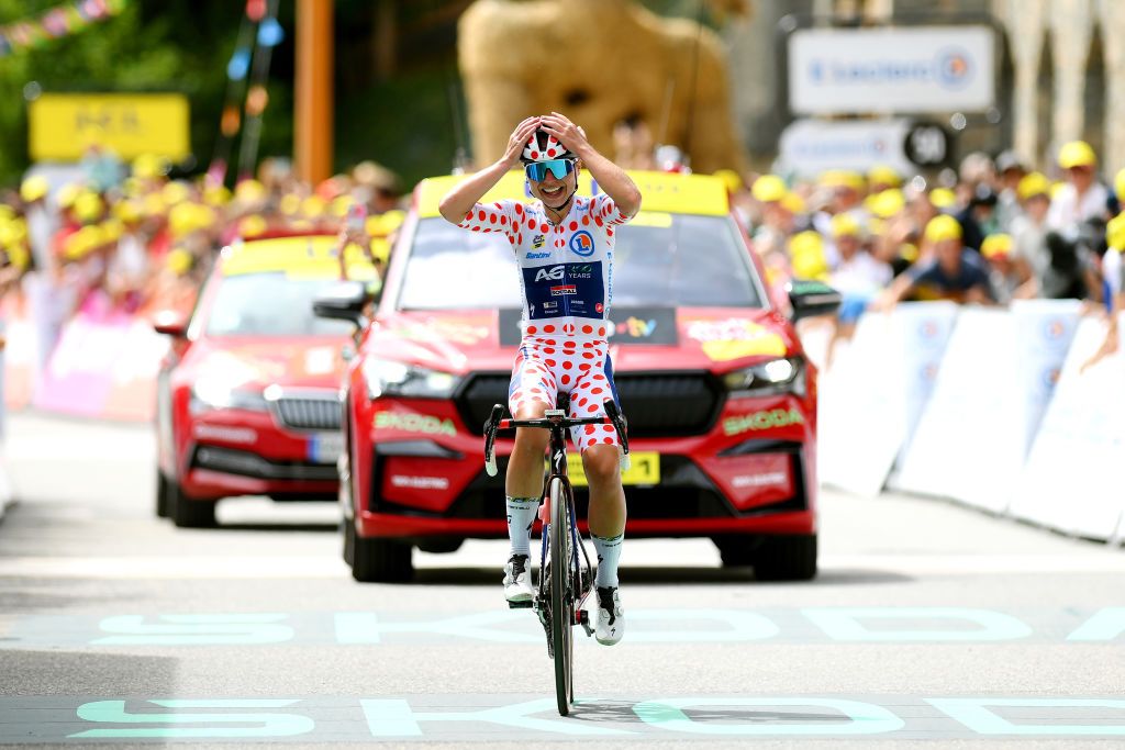 LE GRAND BORNAND FRANCE AUGUST 17 Justine Ghekiere of Belgium and AG Insurance Soudal Team Polka dot Mountain Jersey celebrates at finish line as stage winner during the 3rd Tour de France Femmes 2024 Stage 7 a 1664km stage from Champagnole to Le Grand Bornand 1265m UCIWWT on August 17 2024 in Le Grand Bornand France Photo by Alex BroadwayGetty Images