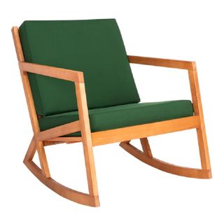 Wood rocking chair with dark green cushions