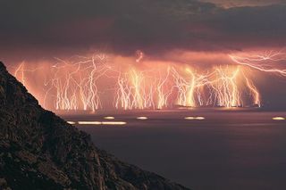 Incredible lighting storm over an island in Greece.