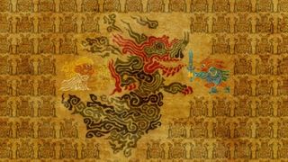 A tapestry shows a dragon being slain by a warrior, while a princess stands near