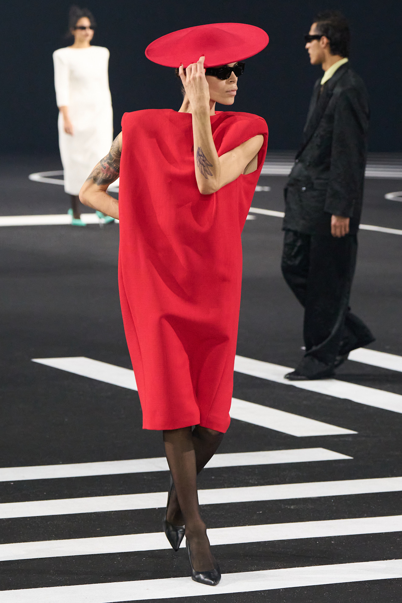 A model wore an oversize hat on the Willy Chavarria Fall 2026 runway