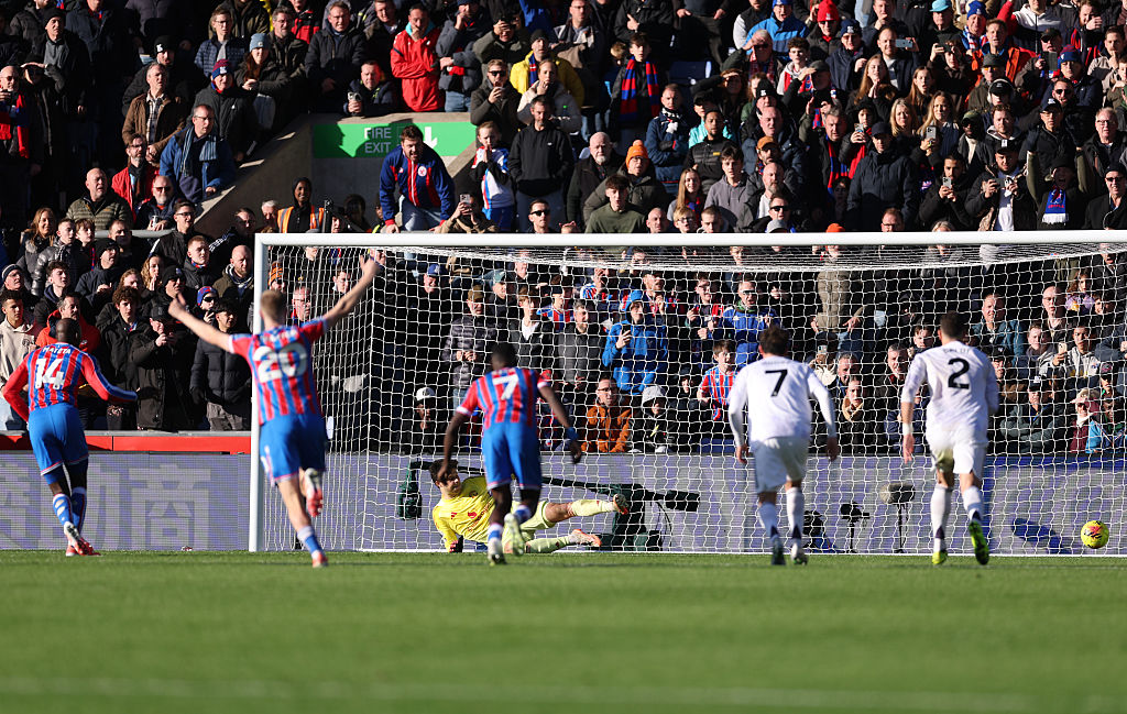 LONDON, ENGLAND - NOVEMBER 30: Jean-Philippe Mateta of Crystal Palace scores his team&amp;amp;apos;s first goal from the penalty spot during the Premier League match between Crystal Palace and Manchester United at Selhurst Park on November 30, 2025 in London, England. (Photo by Warren Little/Getty Images)