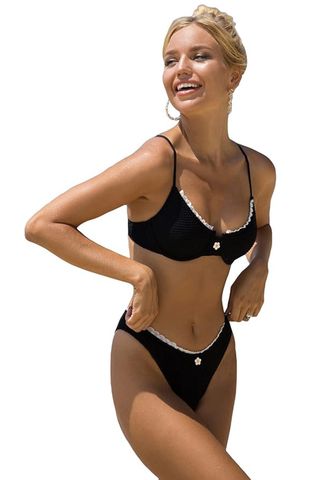 Soly Hux Women's Bikini Sets High Waisted Bathing Suits Two Piece Swimsuits Sexy Lace Trim Underwire Swimwear Black Lace S