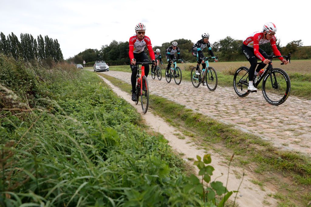 ARENBERG FRANCE SEPTEMBER 30 LR Andr Rodrigues de Carvalho of Portugal and Eddy Fin of France and Team Cofidis during the 118th Paris Roubaix 2021 Training Day 1 ParisRoubaix on September 30 2021 in Arenberg France Photo by Bas CzerwinskiGetty Images