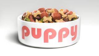 How to change a puppy's food: image of white bowl with puppy written across it in pink letters and filled with kibble