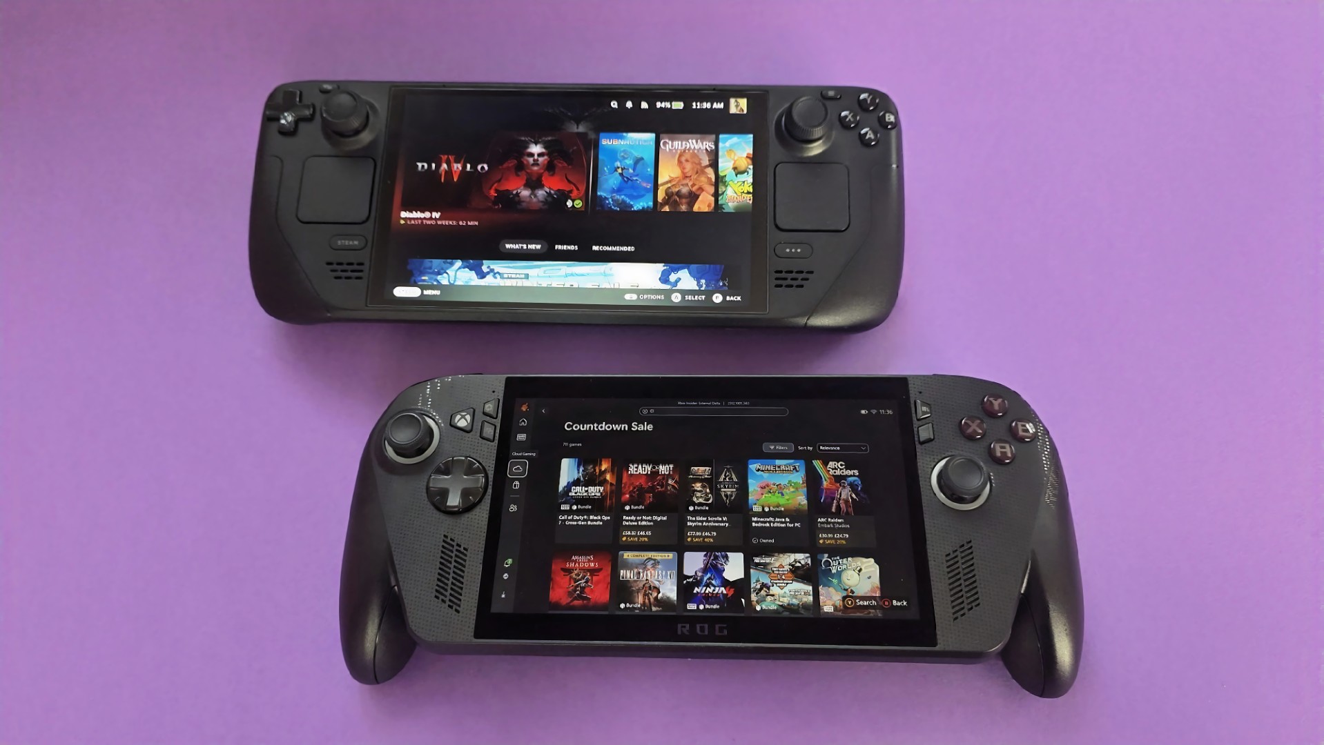 A Steam Deck OLED and an ASUS ROG Ally X placed side by side on a solid purple background.