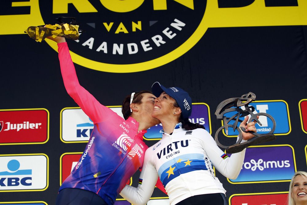 Alberto Bettiol (EF Education First) celebrates double Italian success at the Tour of Flanders with Marta Bastianelli (Virtu)