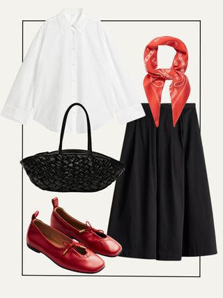 Collage of white skirt, black skirt, red bandana, black bag, red shoes